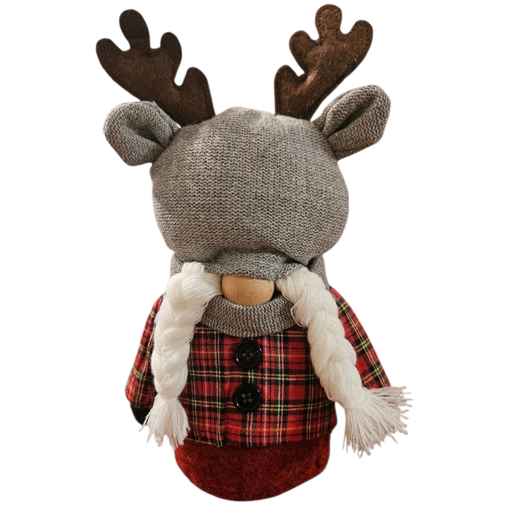 MeraVic Whimsical Reindeer Gnome Figure Wooden Nose Plaid NEW